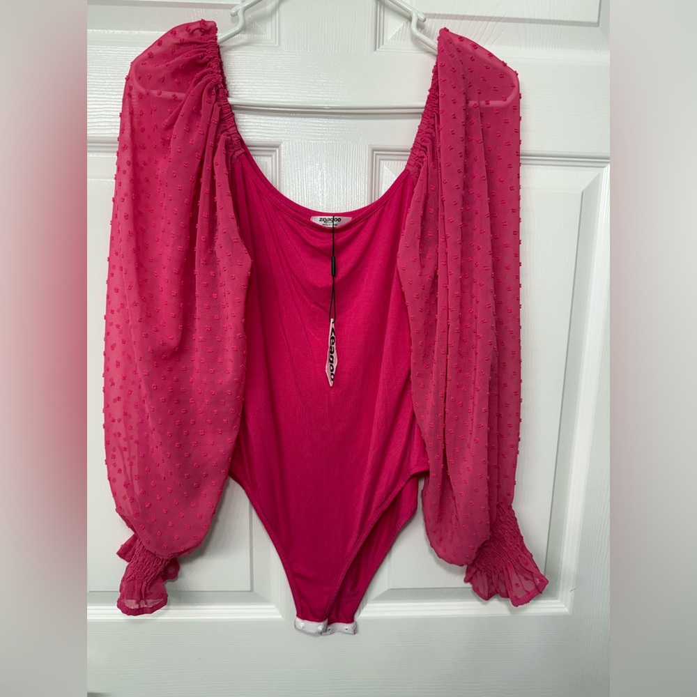 Zeagoo Vibrant Pink Sheer Sleeve Bodysuit Women’s Size L NWT